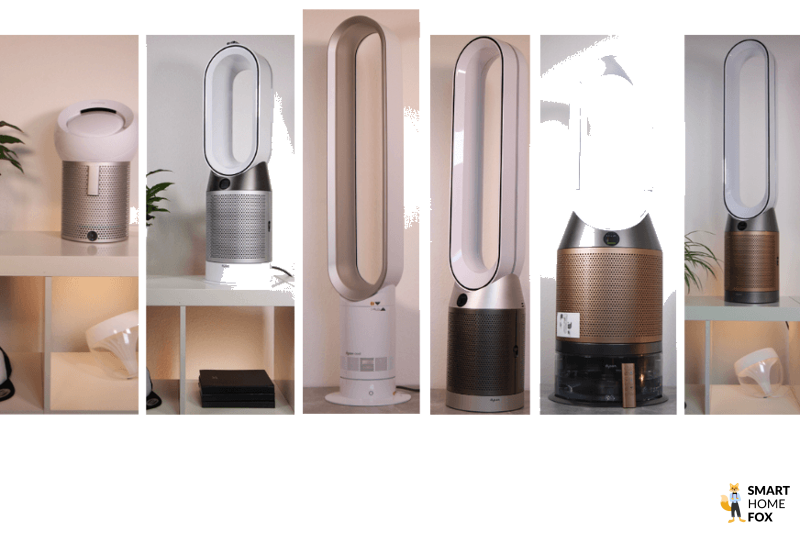 Verschiedene Dyson Luftreiniger, Ventilator und Raumklimageräte stehen nebeneinander im Angebot